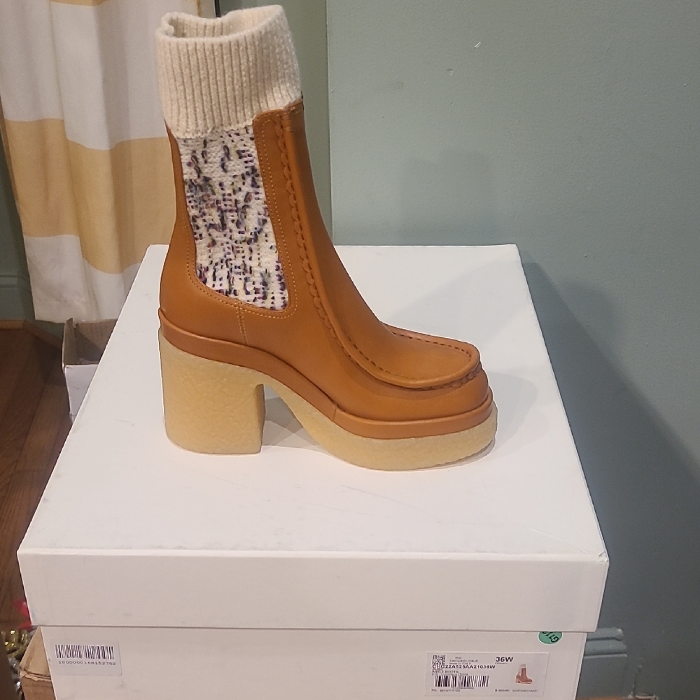 Chloe Tan Platform Sweater Ankle Boots